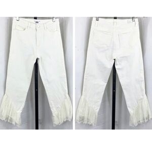 Paige Hoxton Womens White Jeans Straight Stretch Cropped Ruffle Lace Sz 28